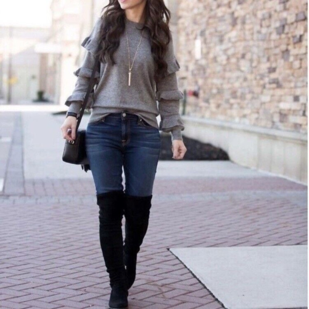 J. CREW Ruffle Sleeve Hope Sweater Gray Pullover Crewneck Wool Blend Size XS‎